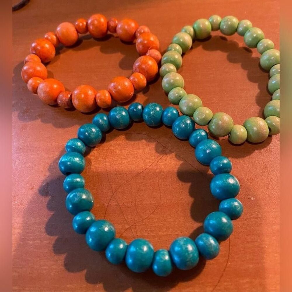 Wood Beaded Stretch Bracelets Lot Of 3 Women’s Multicolor 6.5 Inch Boho Jewelry